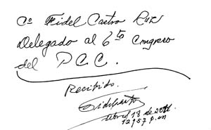 Constancia del mensaje enviado por Raúl y recibido por Fidel.