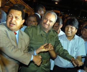 Fidel Castro, Hugo Chávez y Evo Morales en el Primer Aniversario del ALBA